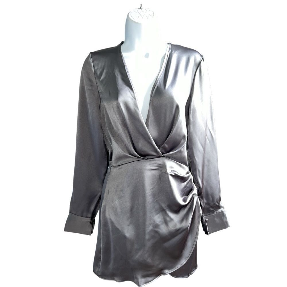 ZARA Charcoal Gray Satin V-Neck Longs Sleeve Wrap Mini Dress In Size XS